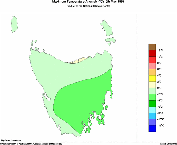 Daily maximum temperature anomaly for Tasmania