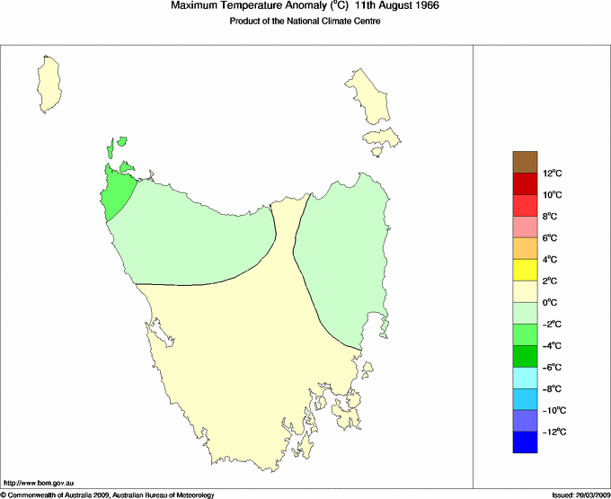 Daily maximum temperature anomaly for Tasmania