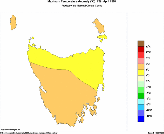 Daily maximum temperature anomaly for Tasmania
