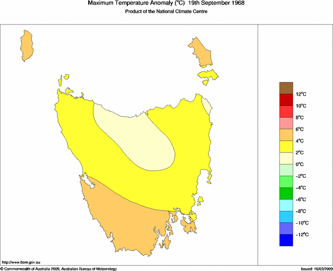 Daily maximum temperature anomaly for Tasmania