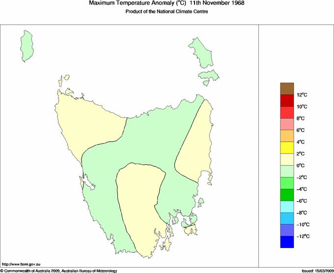 Daily maximum temperature anomaly for Tasmania
