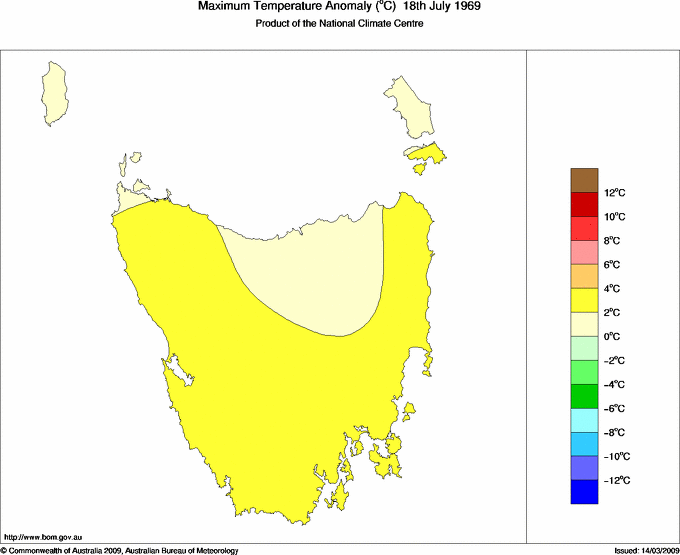 Daily maximum temperature anomaly for Tasmania