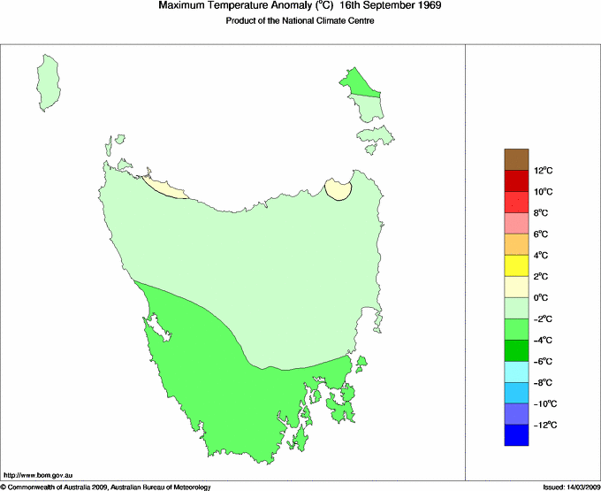 Daily maximum temperature anomaly for Tasmania