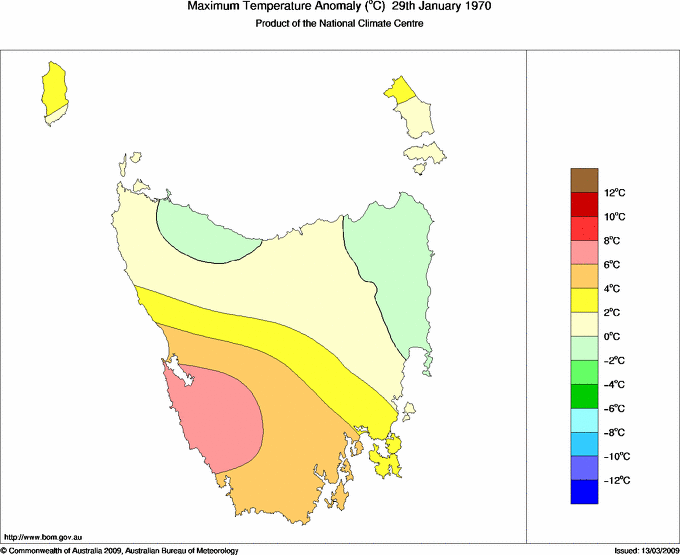 Daily maximum temperature anomaly for Tasmania