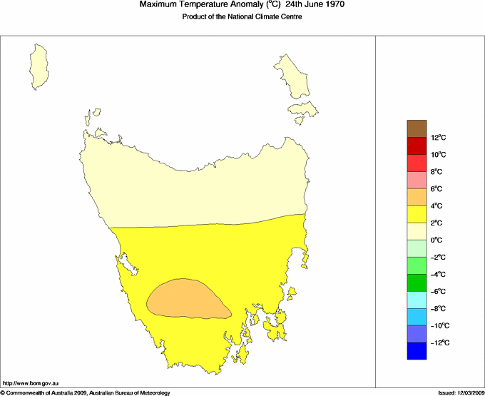 Daily maximum temperature anomaly for Tasmania