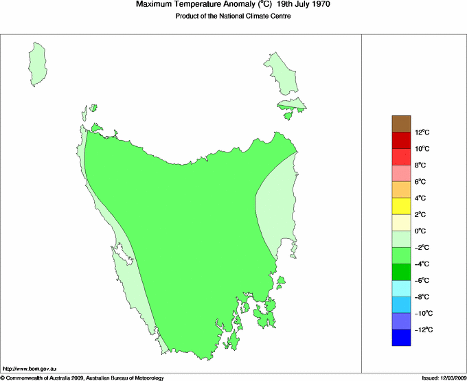 Daily maximum temperature anomaly for Tasmania