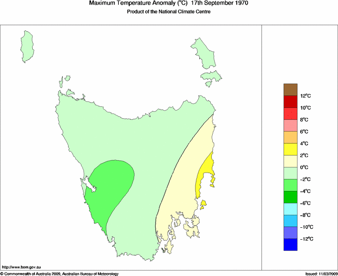 Daily maximum temperature anomaly for Tasmania