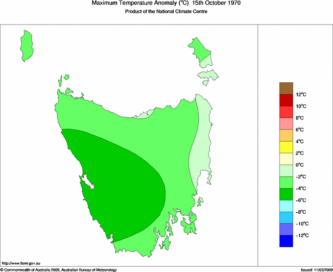 Daily maximum temperature anomaly for Tasmania