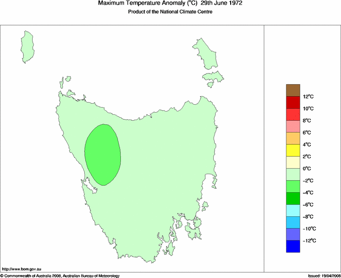 Daily maximum temperature anomaly for Tasmania