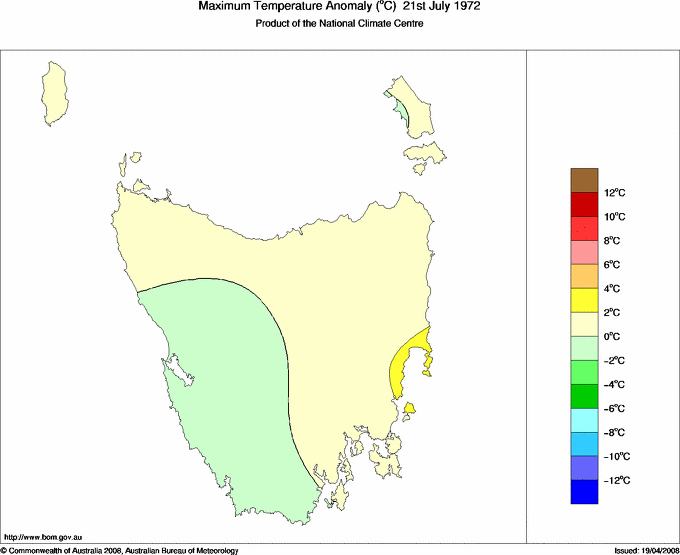 Daily maximum temperature anomaly for Tasmania