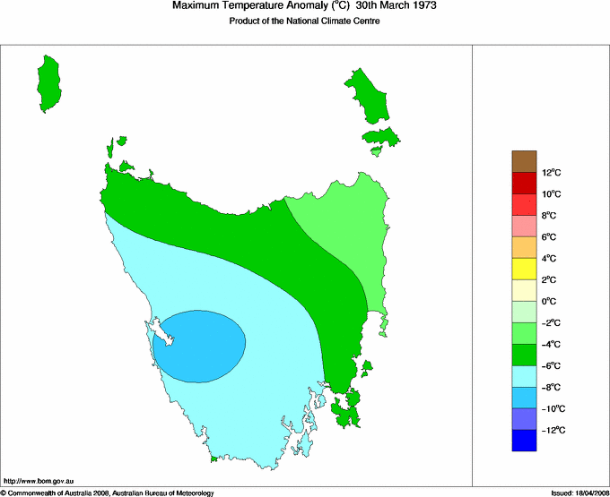 Daily maximum temperature anomaly for Tasmania