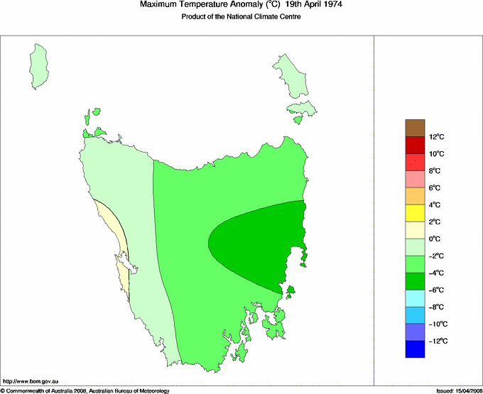 Daily maximum temperature anomaly for Tasmania
