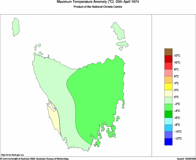 Daily maximum temperature anomaly for Tasmania