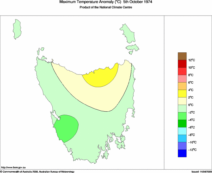 Daily maximum temperature anomaly for Tasmania