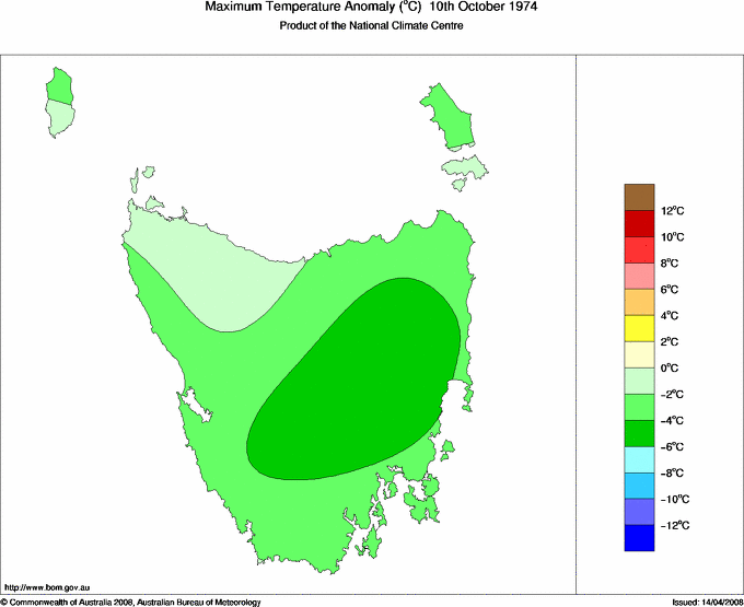Daily maximum temperature anomaly for Tasmania