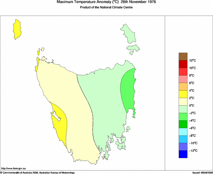 Daily maximum temperature anomaly for Tasmania