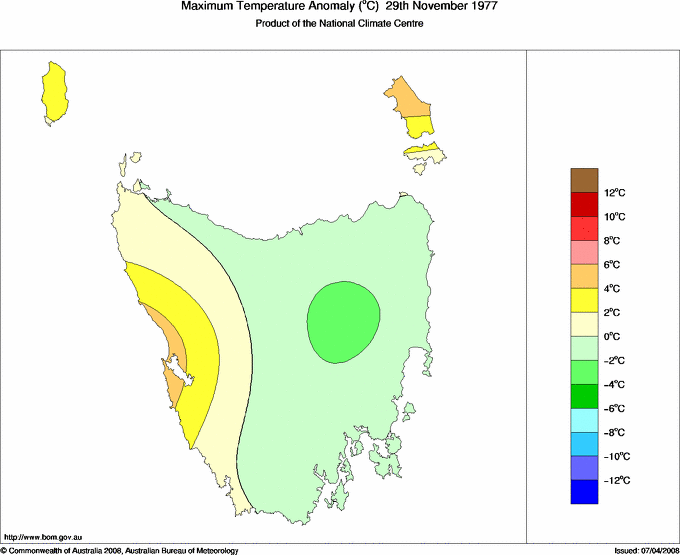 Daily maximum temperature anomaly for Tasmania