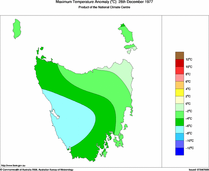 Daily maximum temperature anomaly for Tasmania