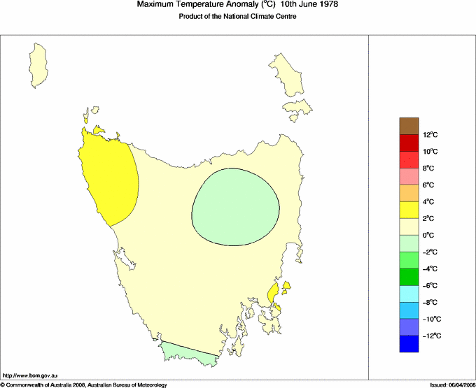 Daily maximum temperature anomaly for Tasmania