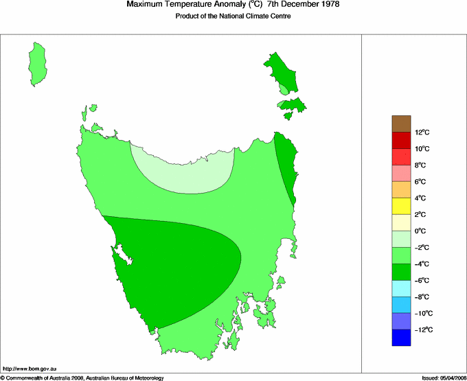 Daily maximum temperature anomaly for Tasmania