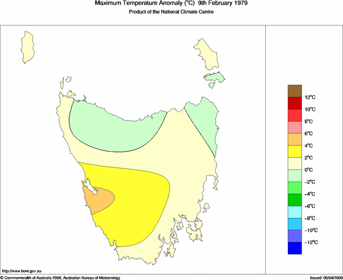 Daily maximum temperature anomaly for Tasmania