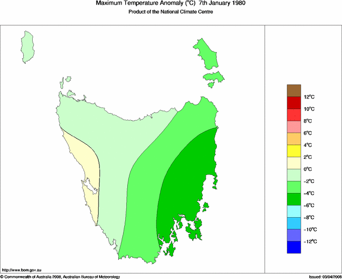 Daily maximum temperature anomaly for Tasmania