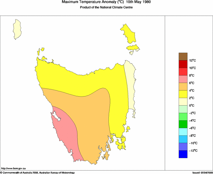 Daily maximum temperature anomaly for Tasmania