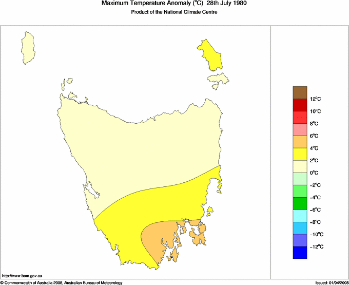 Daily maximum temperature anomaly for Tasmania
