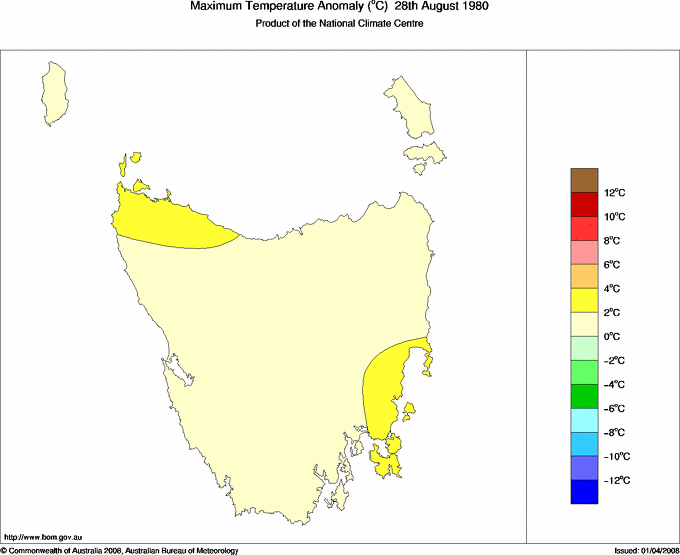 Daily maximum temperature anomaly for Tasmania