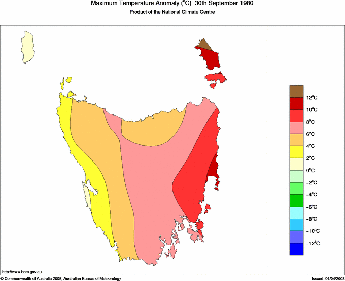 Daily maximum temperature anomaly for Tasmania