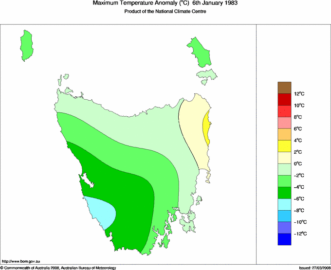 Daily maximum temperature anomaly for Tasmania