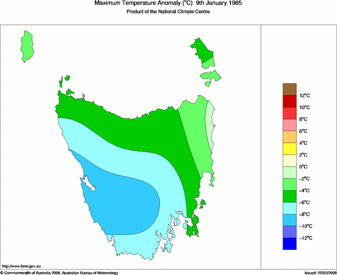 Daily maximum temperature anomaly for Tasmania