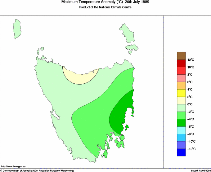 Daily maximum temperature anomaly for Tasmania