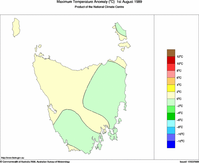 Daily maximum temperature anomaly for Tasmania
