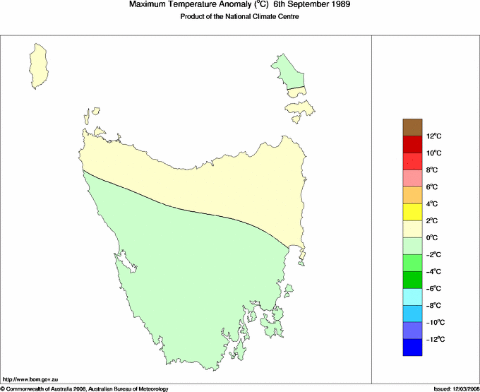 Daily maximum temperature anomaly for Tasmania