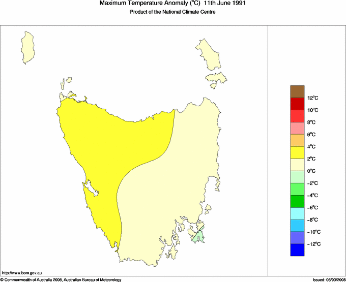 Daily maximum temperature anomaly for Tasmania