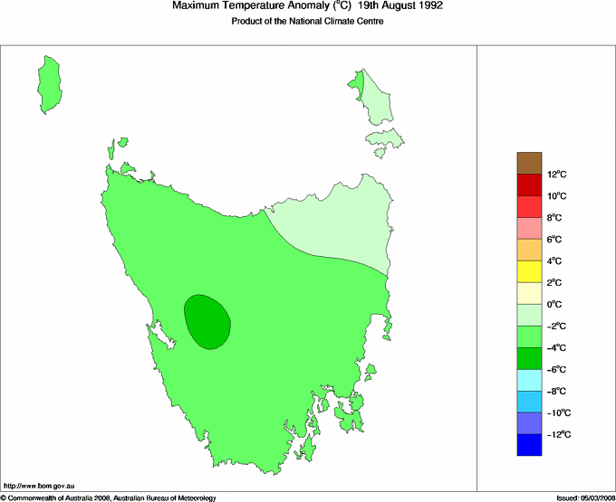 Daily maximum temperature anomaly for Tasmania