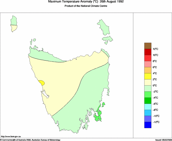 Daily maximum temperature anomaly for Tasmania