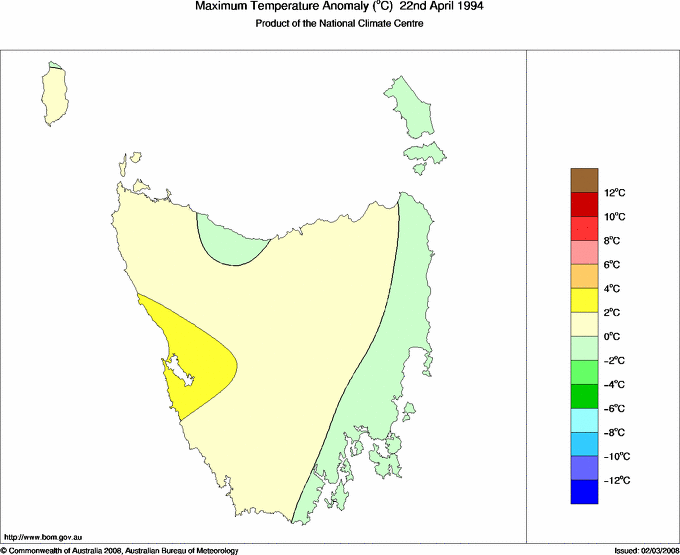 Daily maximum temperature anomaly for Tasmania