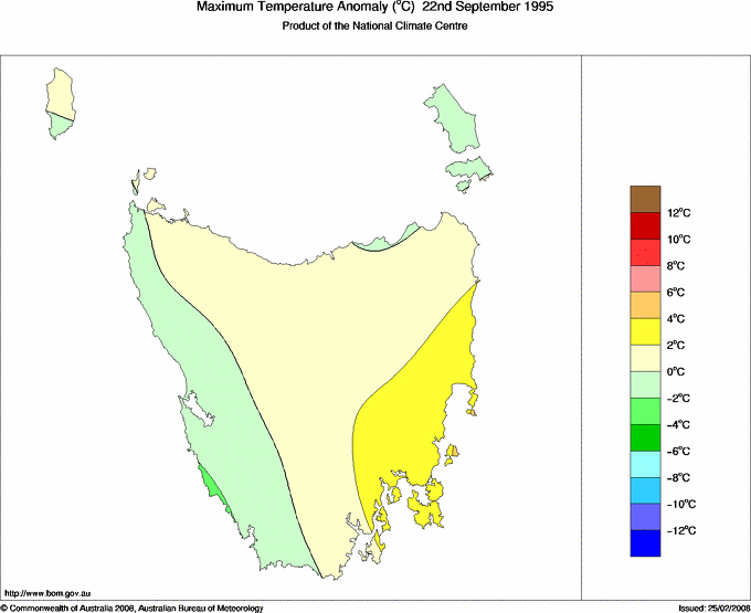 Daily maximum temperature anomaly for Tasmania