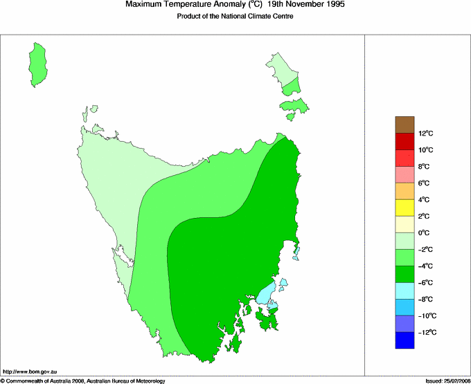 Daily maximum temperature anomaly for Tasmania