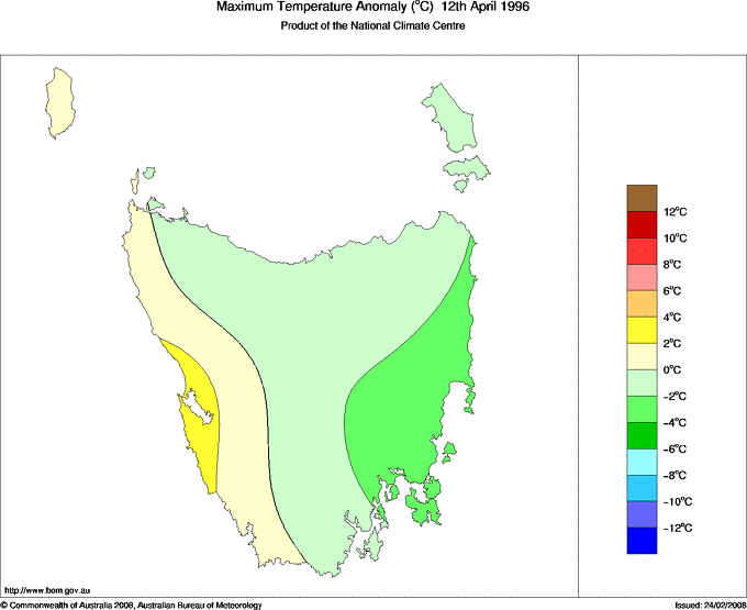 Daily maximum temperature anomaly for Tasmania