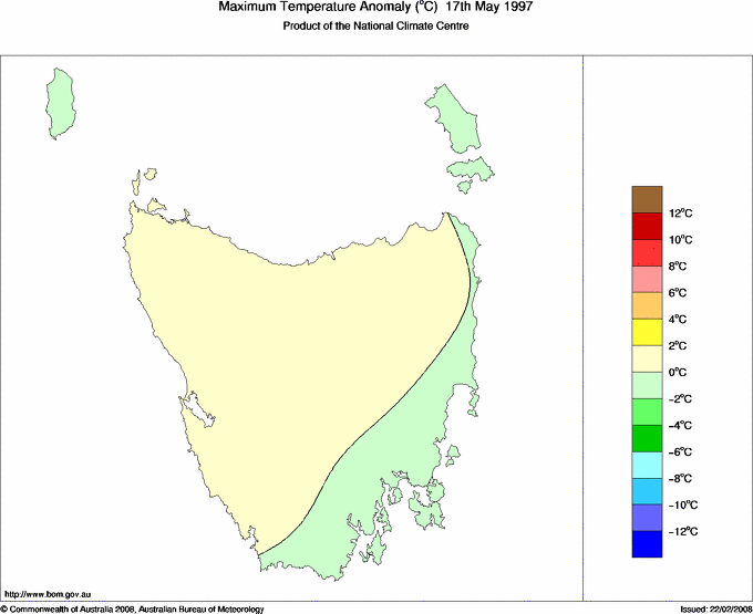 Daily maximum temperature anomaly for Tasmania