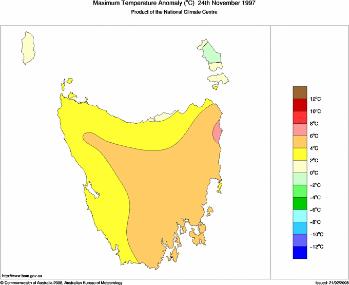 Daily maximum temperature anomaly for Tasmania