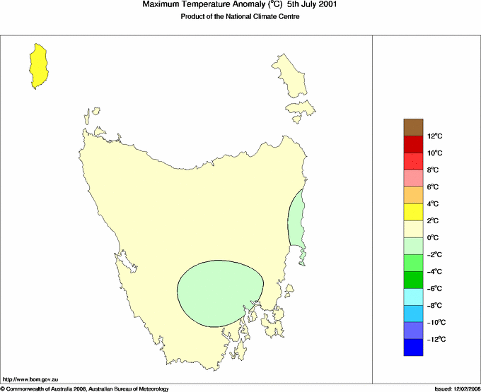 Daily maximum temperature anomaly for Tasmania
