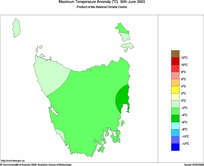 Daily maximum temperature anomaly for Tasmania