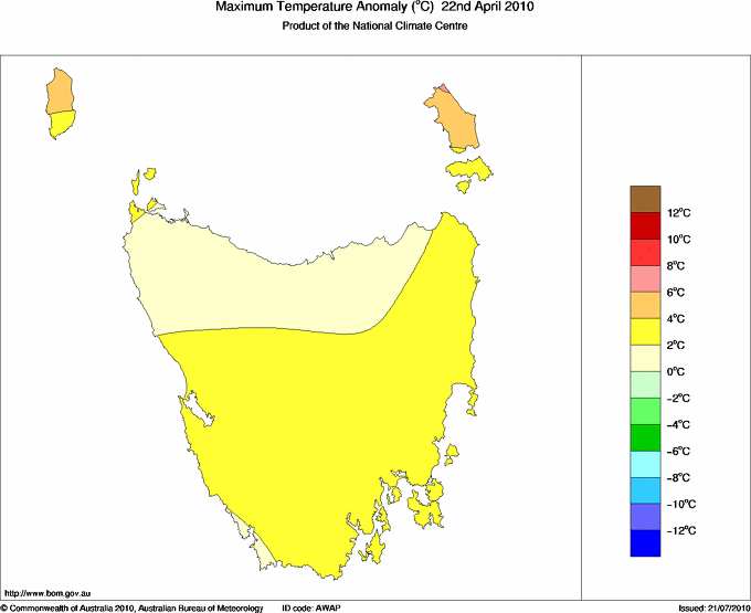 Daily maximum temperature anomaly for Tasmania