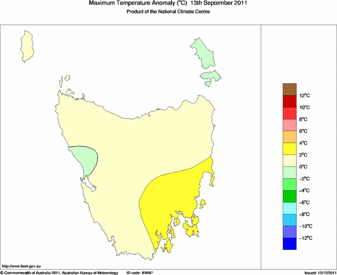 Daily maximum temperature anomaly for Tasmania