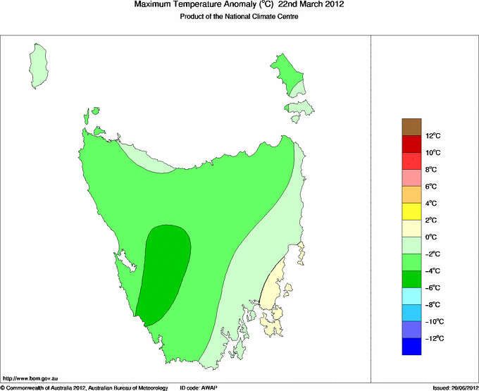 Daily maximum temperature anomaly for Tasmania