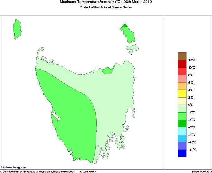 Daily maximum temperature anomaly for Tasmania